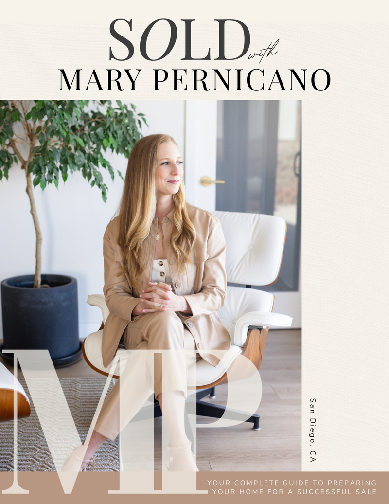 Cover of Mary Pernicano’s San Diego Home Seller’s Guide featuring Mary sitting in a modern living room, representing expert guidance for home sellers — Mary Pernicano Real Estate.