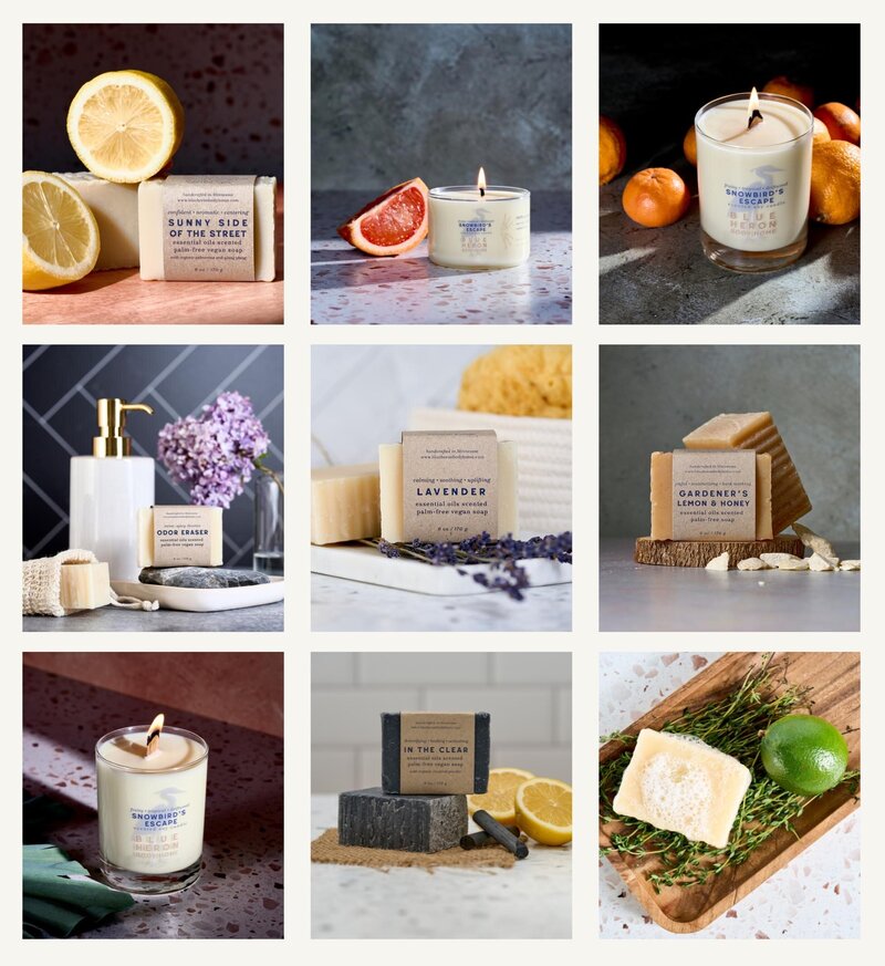 Flat lay grid of handcrafted soap bars and candles with fresh ingredients like lemon, grapefruit, lavender, and lime, styled for a spring-themed product collection. Natural skincare and home fragrance products arranged with modern, seasonal props to promote spring sales for product-based businesses.