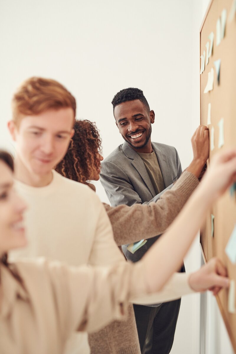 Team of four people in a meeting in a corporate office placing post-its on a board