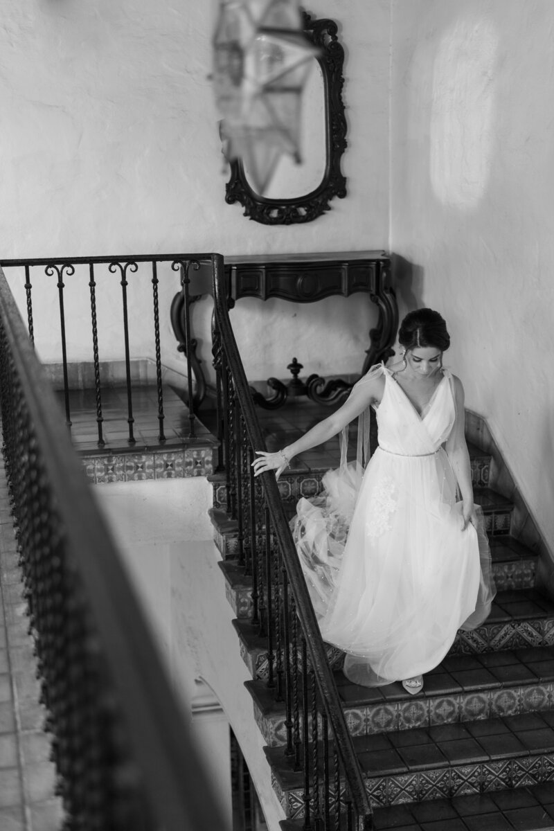 Bride walking down stairs at villa woodbine, Miami photographer, REnee Lemaire Photography