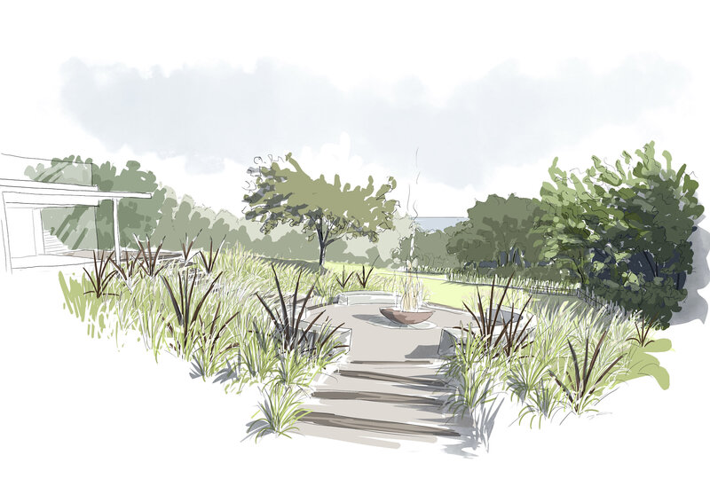 Sketch of a garden with a landscaped path