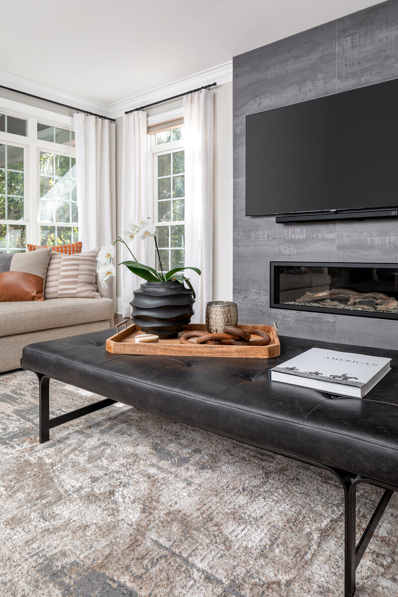 modern fireplace with gray tile surround