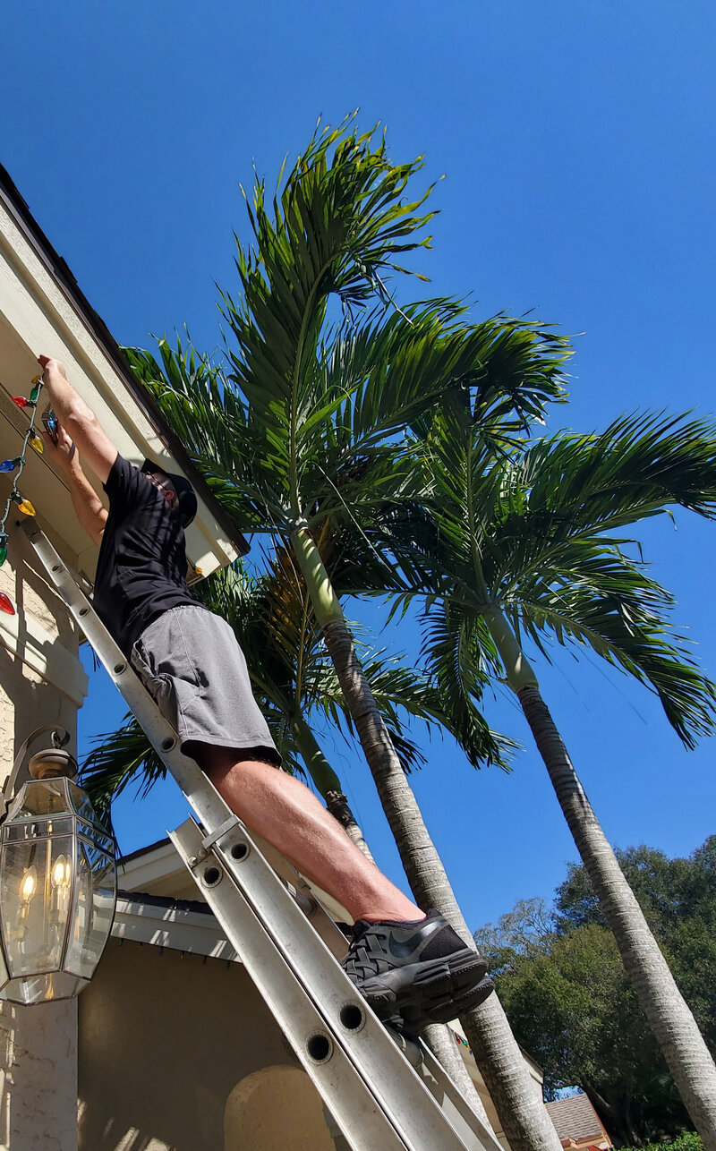 Suncoast Repairs handyman hanging Christmas lights on Tampa home