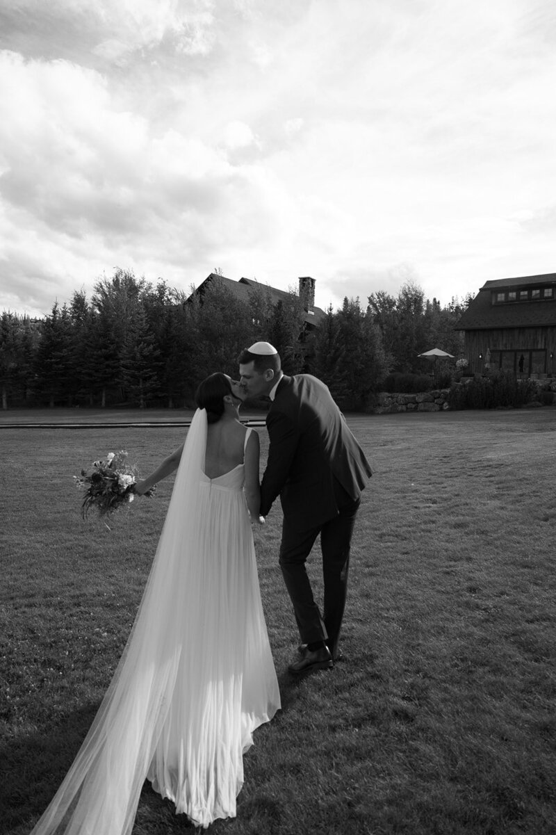black and white portrait after wedding ceremony at Devil's Thumb Ranch Wedding 