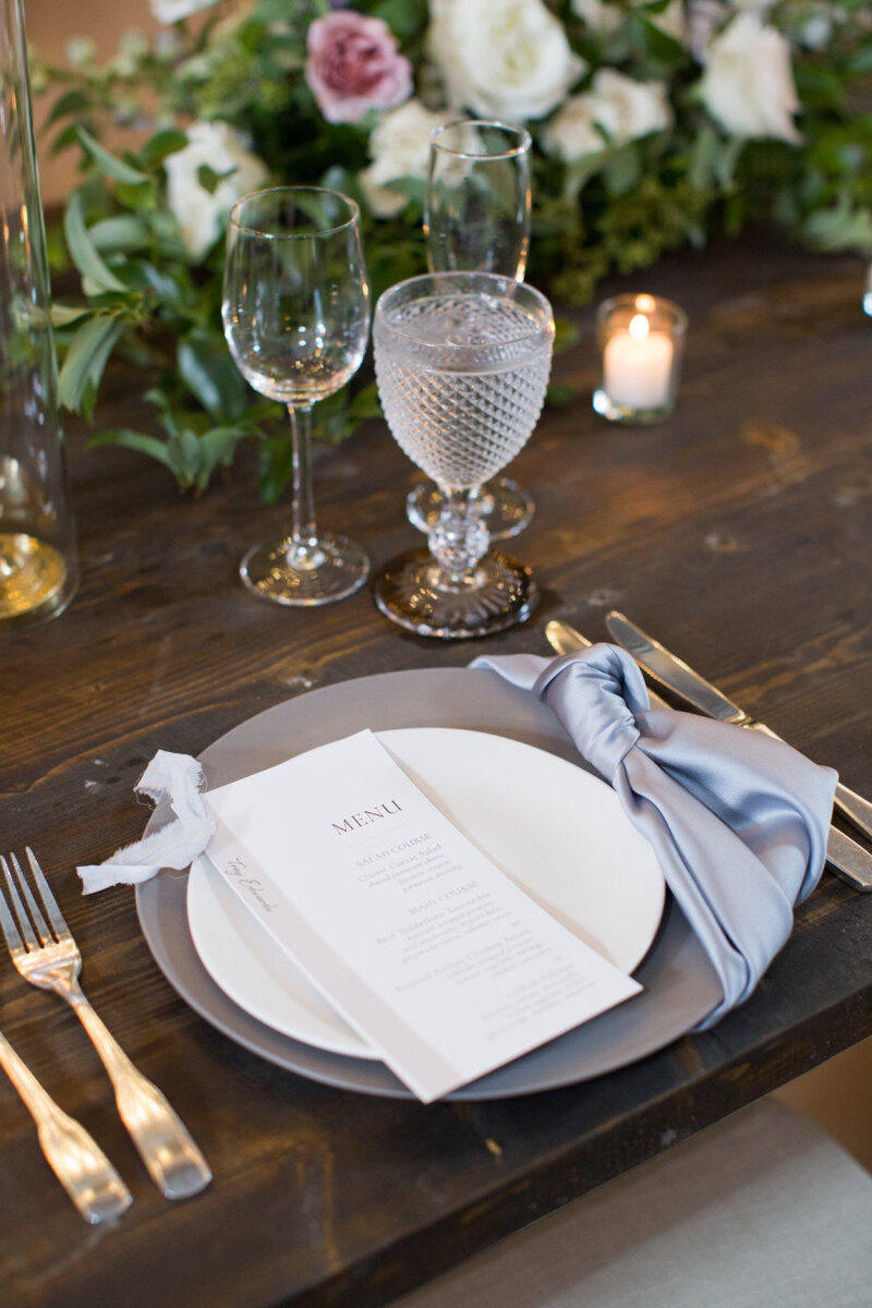 wedding menu by liz theal designs with custom strip placecard and silk ribbon