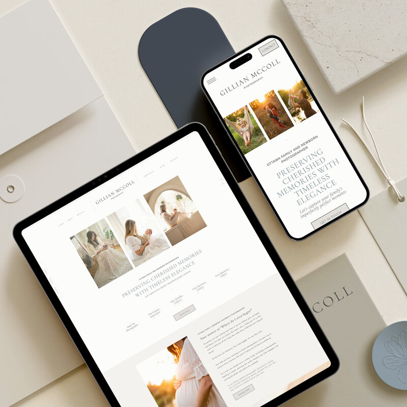 A tablet and smartphone displaying a website with text: "Gillian Mccoll - Preserving Cherished Memories With Timeless Elegance." Both devices showcase images of people in peaceful outdoor settings, highlighting small business website design services.