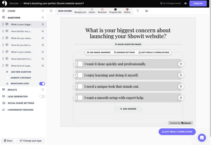 Screenshot of the Interact quiz builder interface showing how easy it is to create quizzes with drag-and-drop tools and built-in AI assistance