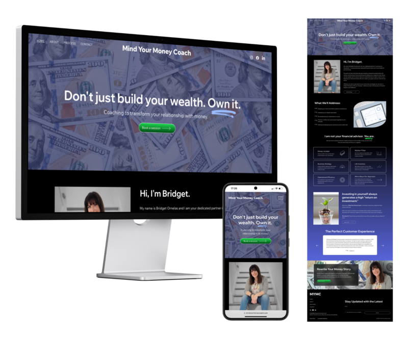 Financial coaching website mockup for Mind Your Money Coach, featuring desktop and mobile previews alongside the full homepage preview