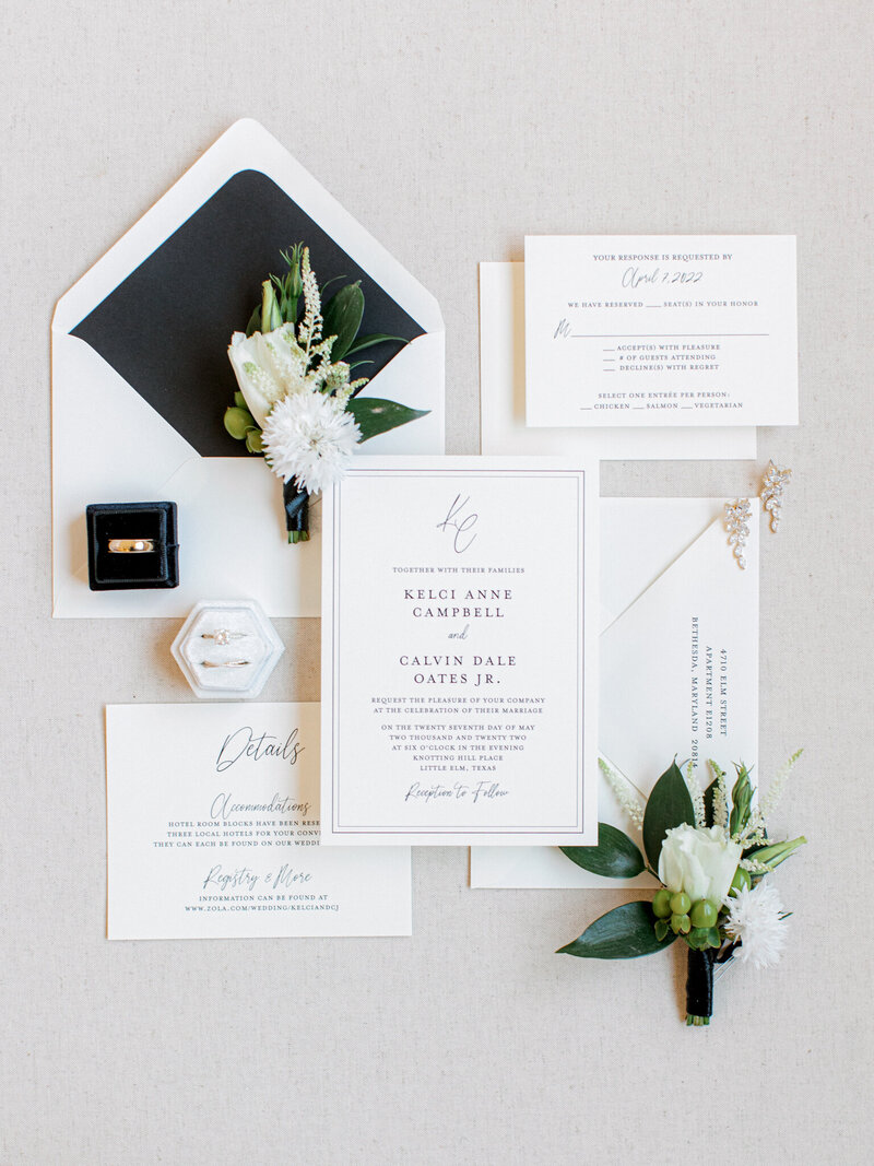 black and white wedding invitations and rings