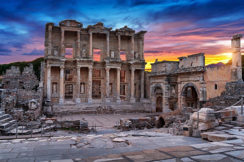 Ancient Library of Celsus in Ephesus, Turkey at sunset.