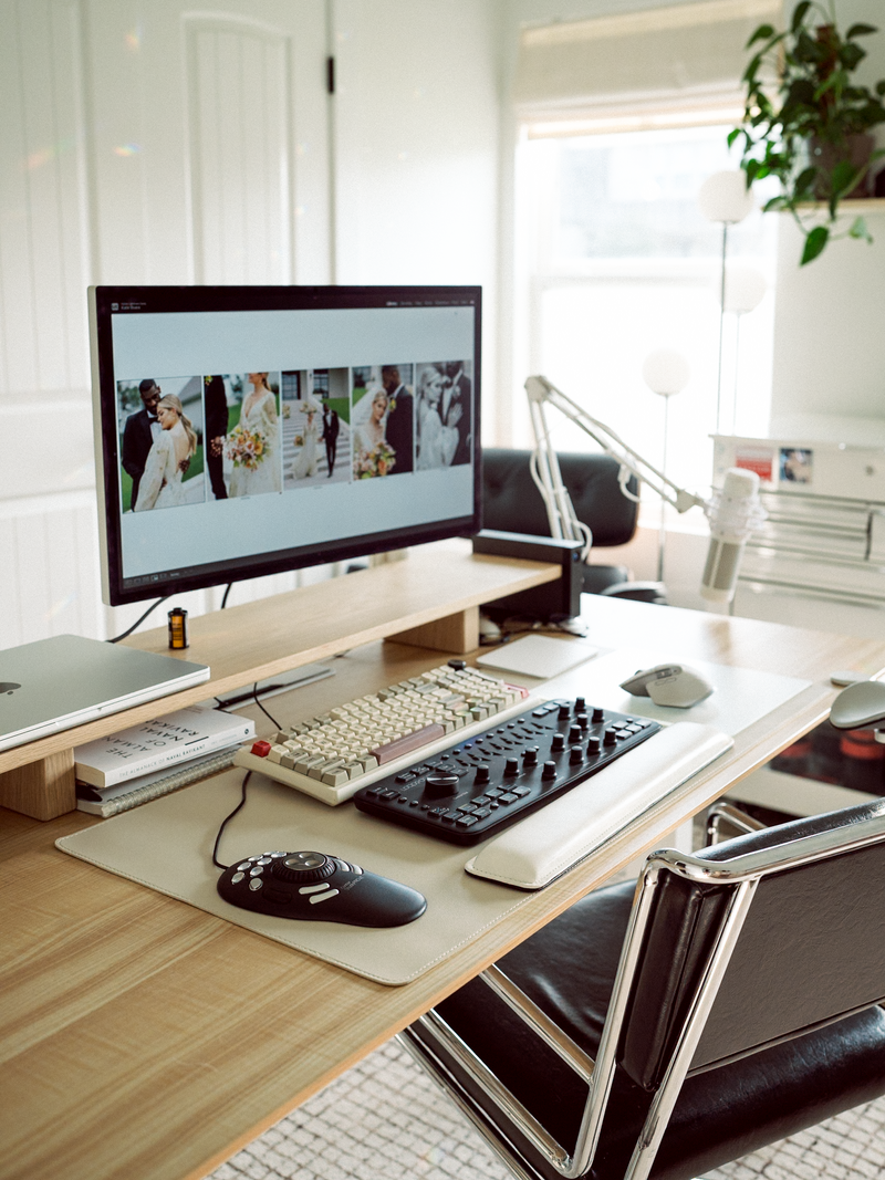 Outsourced photo editing services by a professional photo editor Katie Rivera in her home office, specializing in custom edits, film matching, and bespoke photo editing for wedding photographers.