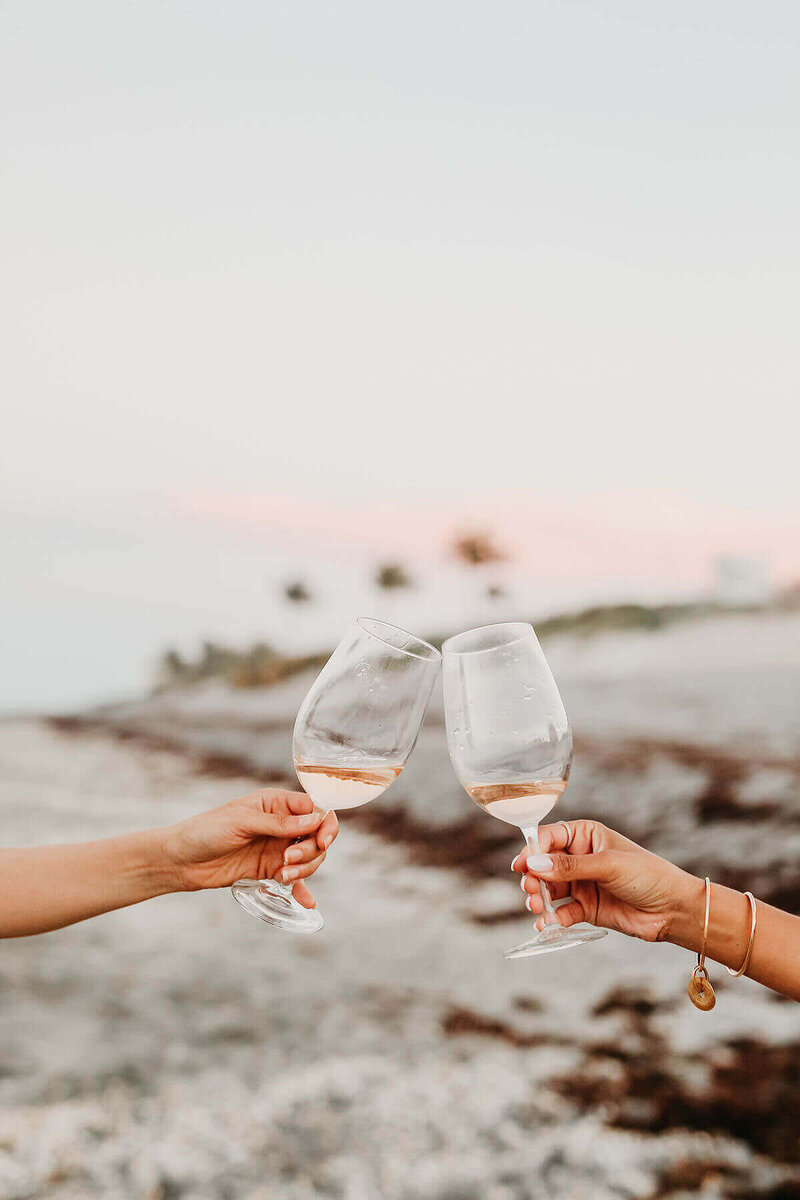wine glasses clink friends beach