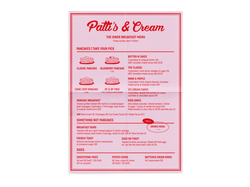 Menu design for Patti's & Cream Diner, featuring diner inspired illustrations and layout design. Printed by Dunedin Print.