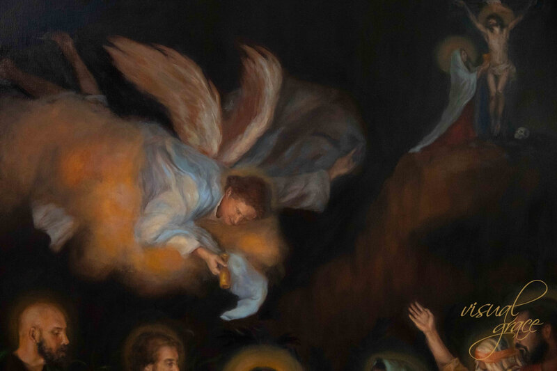 Artwork of the crucifixion of Jesus and His last breathes on the cross. Artwork of the Passion of Christ for your Catholic Holy Week décor.