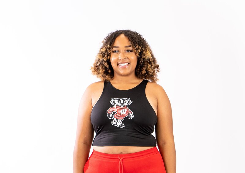 Black cropped tank top in black with Wisconsin badger mascot