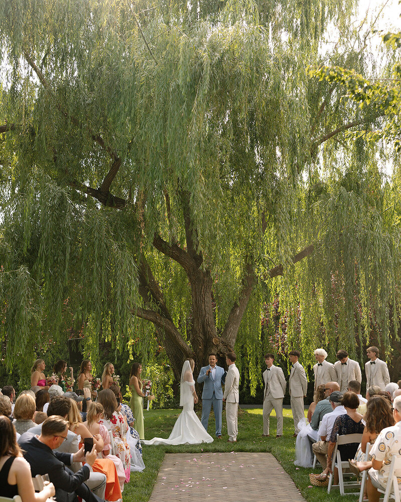 Bride and groom first look at Arbor Crest winery in Spokane, Washington