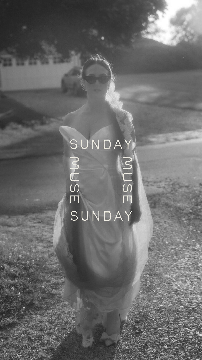 Sunday Muse Logo on black and white photo of woman wearing a wedding dress