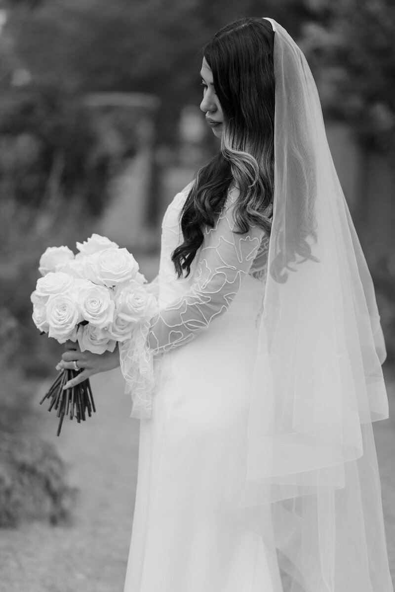 black and white photo of the bride