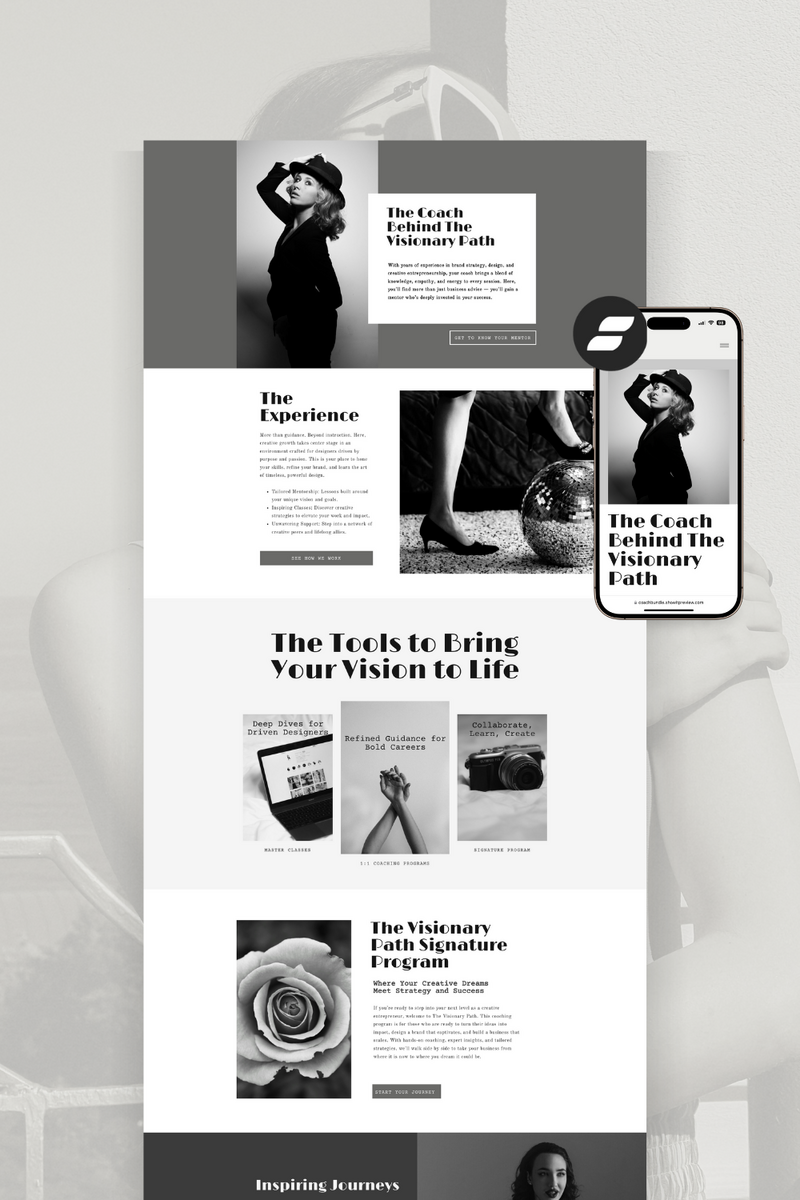 black and white, 1920s and 50s inspired website template for online coaches and mentors