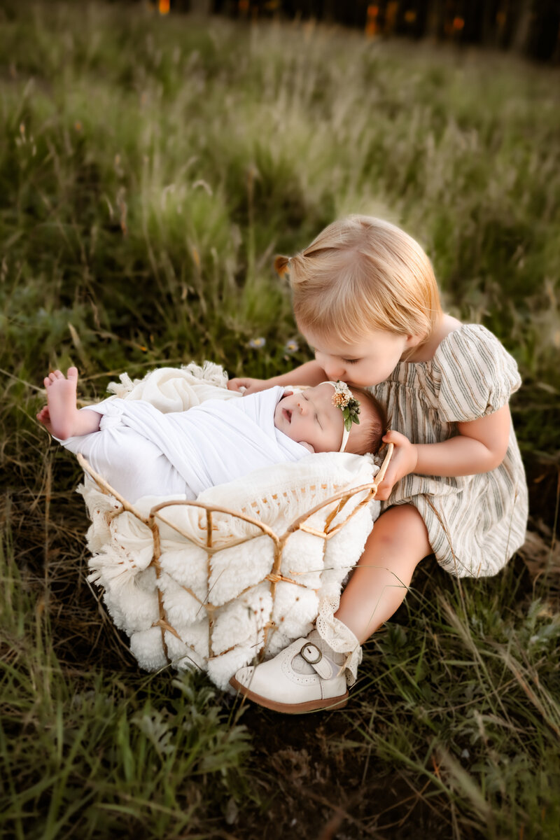 Toddler kissing newborn sister in a basket in a field by annie bee photography.