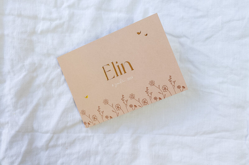 Dubbel-geboortekaartje-meisje-Elin-met-bloemetjes-en-vlinders