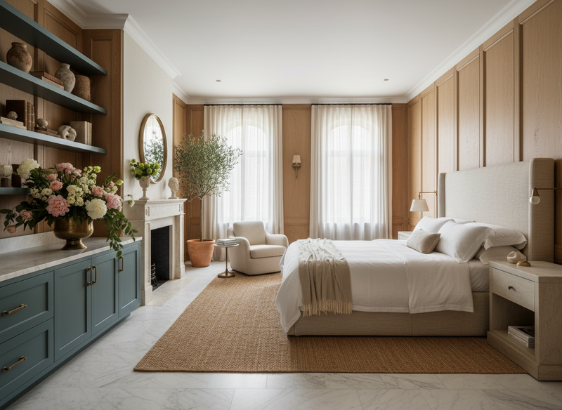 Firefly_Gemini Flash_An elevated, European-inspired master suite with soft natural light and a warm, organ 463798