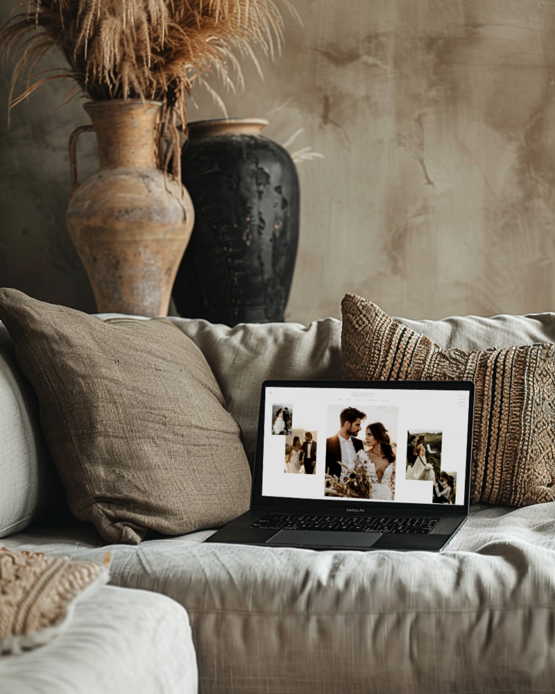 Laptop mockup featuring digital product preview, styled on a neutral-toned couch with textured pillows and dried florals—exuding cozy, elevated CEO energy.