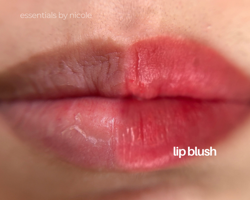 Before and after lip blush with neutral rose pigment for everyday wear