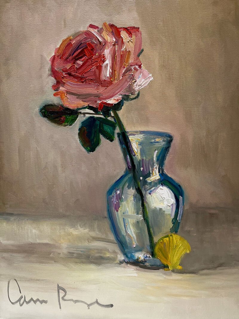 Still life oil painting of multicolored flowers in a vase