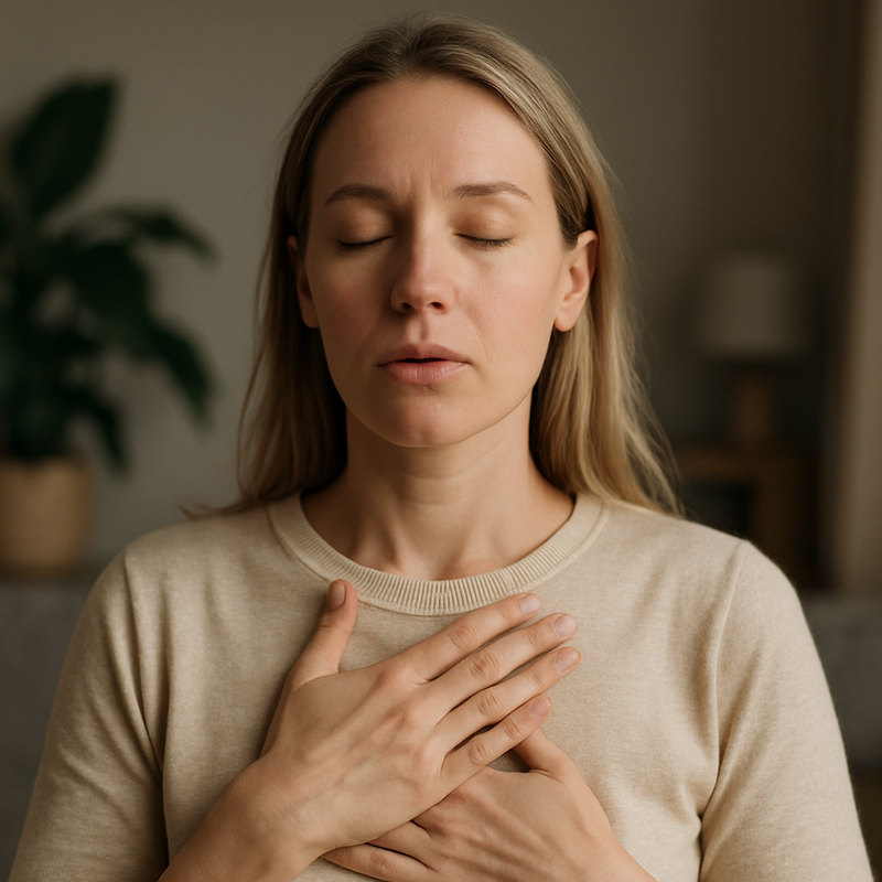Woman holding her heart and taking a breath