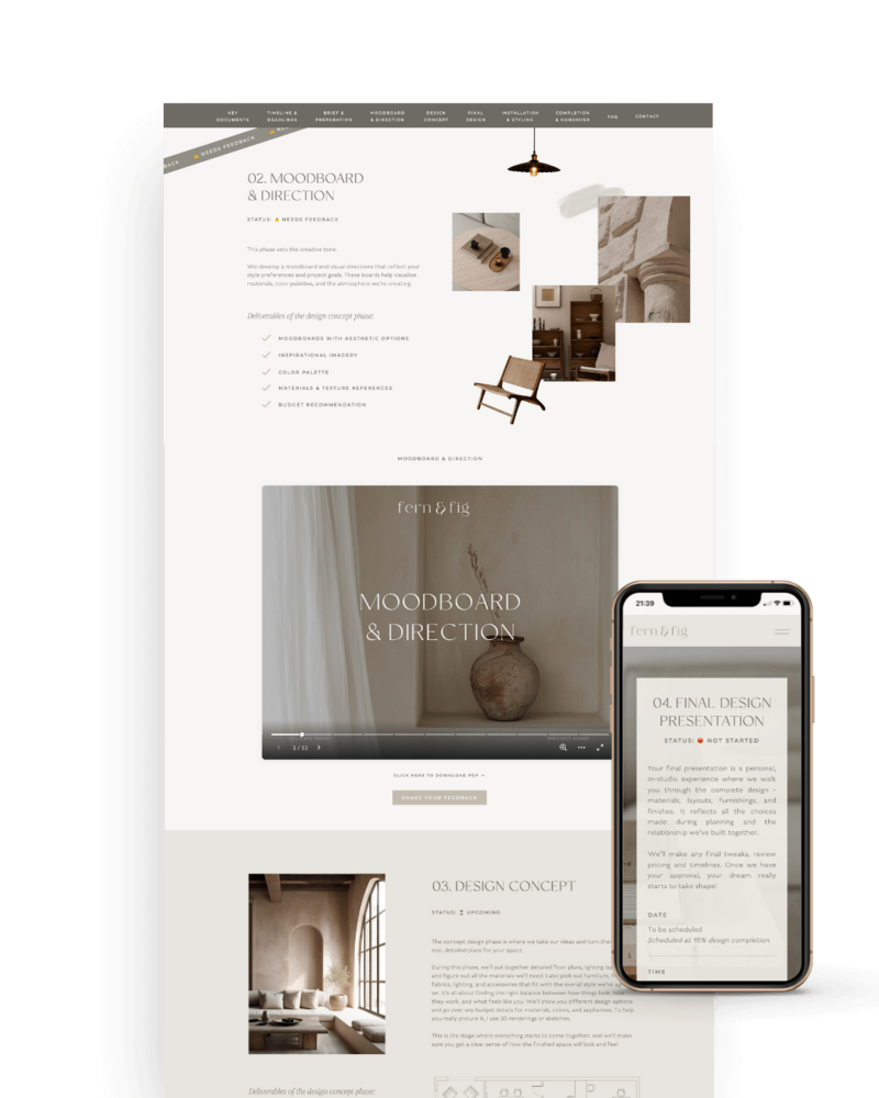 Showit client lounge template for interior designers