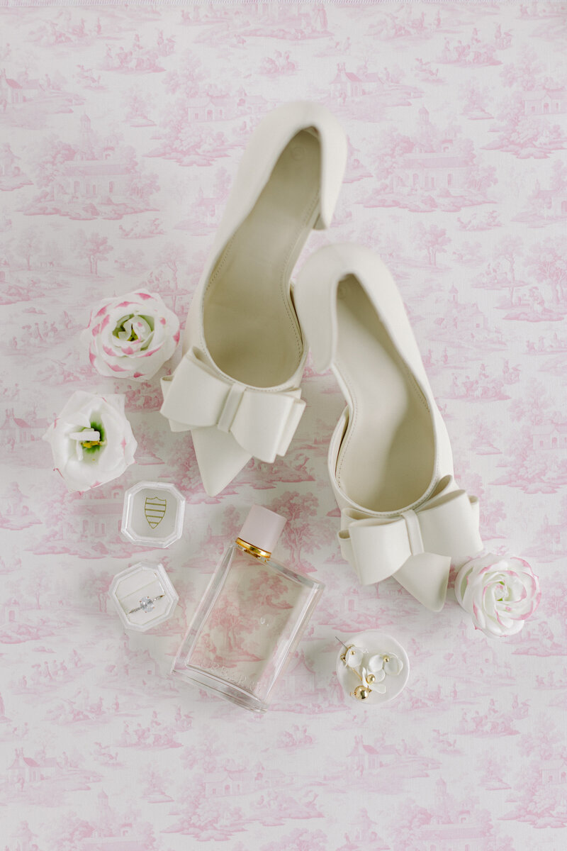 Toile linen flat lay mat with vintage French-inspired wedding details