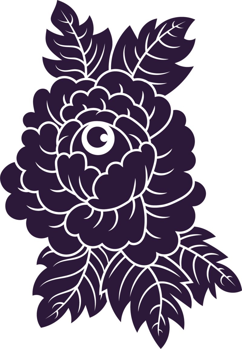 Purple brand mark: peony with an eye