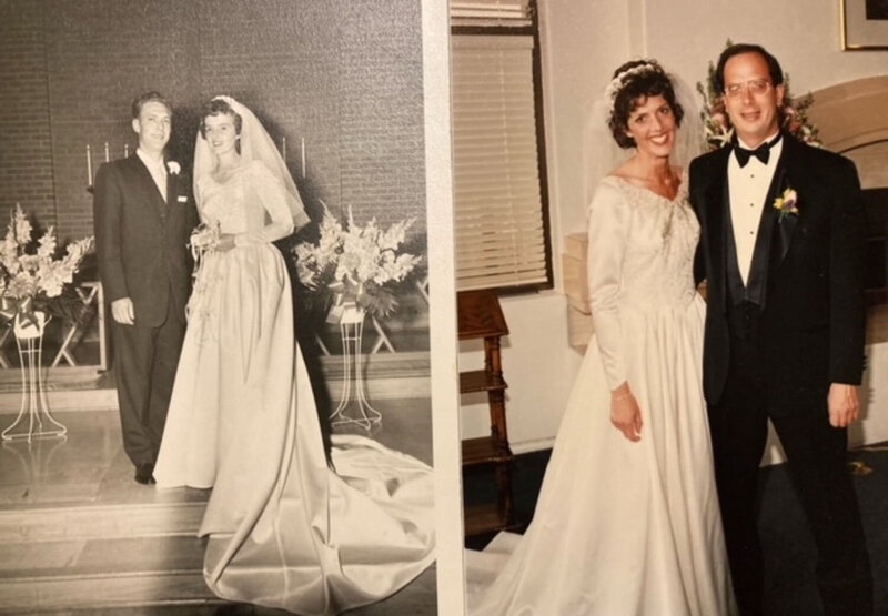 Side-by-side photos of a couple’s wedding decades apart