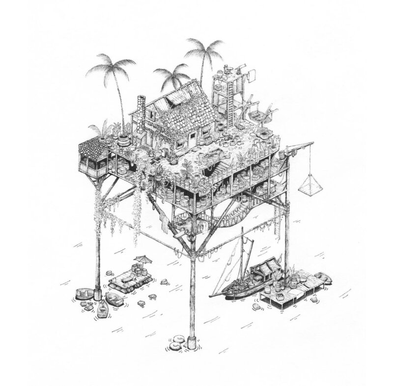 Isometric Pen and Ink illustration of an off shore platform that is covered in plants with a house and watchtower.