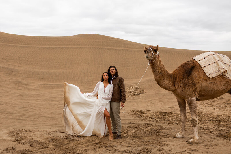 couple hugging in the desert next to a camel