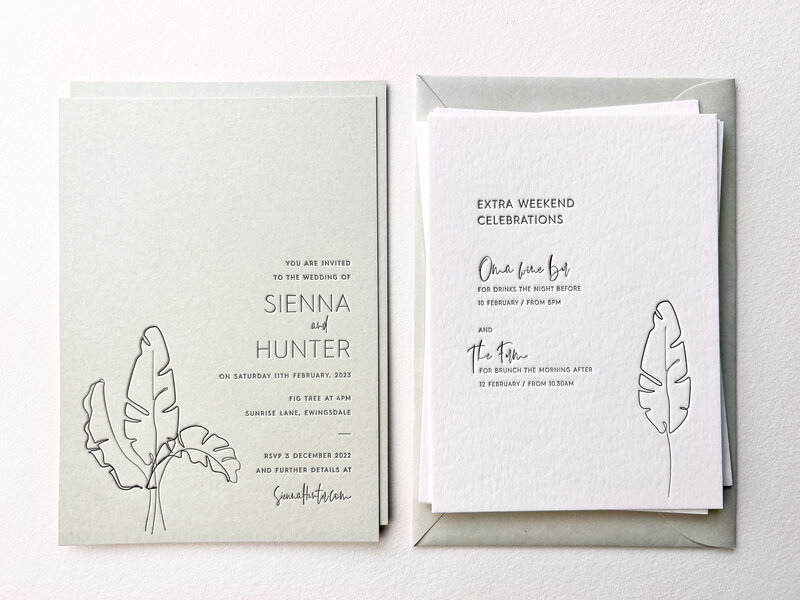 Luxury letterpress wedding invitation and extra cards with leaf outline - Sienna