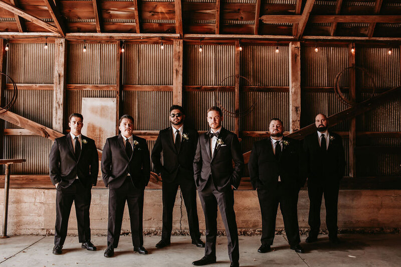 Groom and his groomsmen pose for portrait