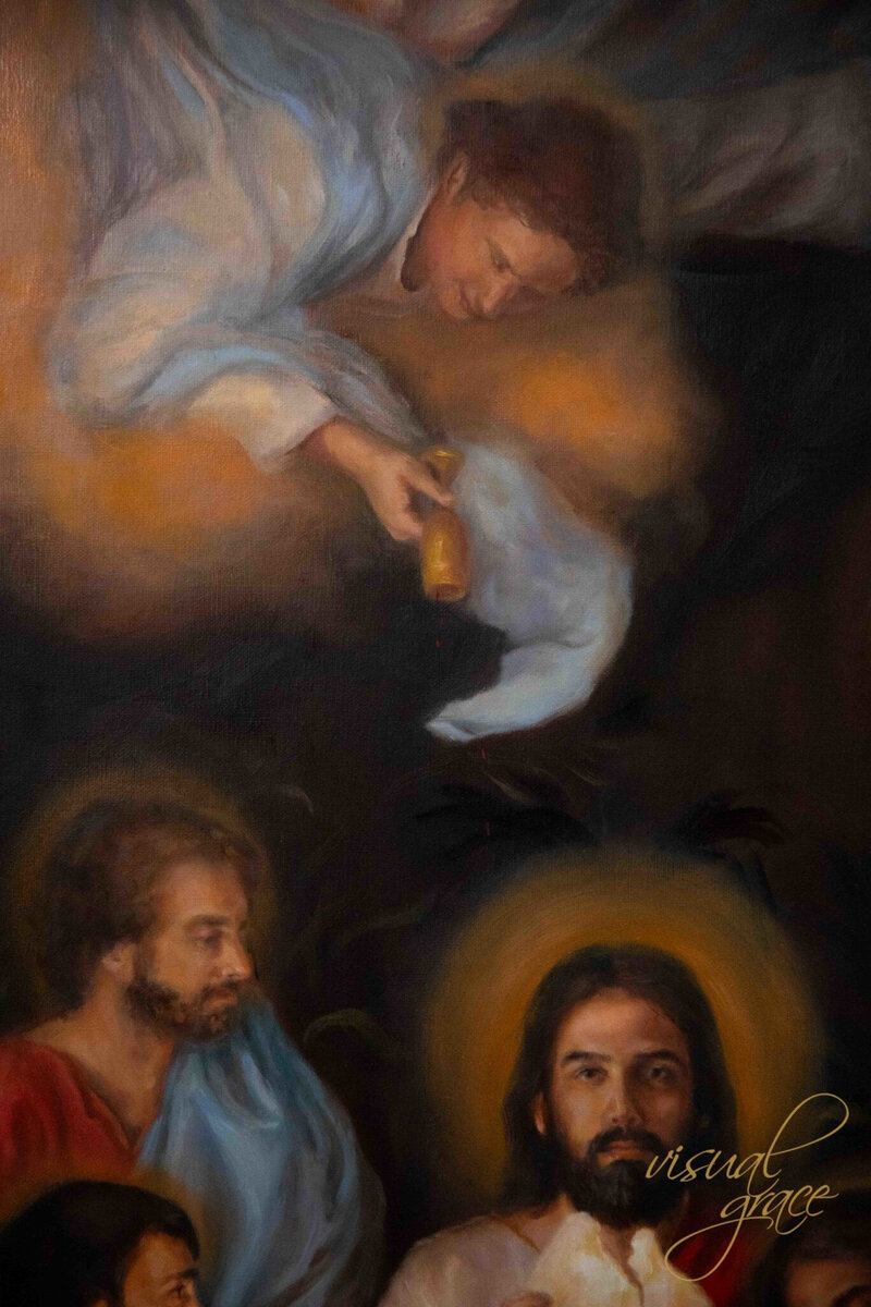 Jesus’ merciful gaze while he breaks bread with his disciples. Tradition Catholic Last Supper artwork for your Catholic parish.