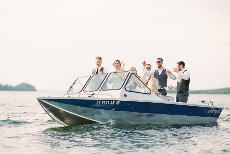 alaska boat wedding bridal party lake