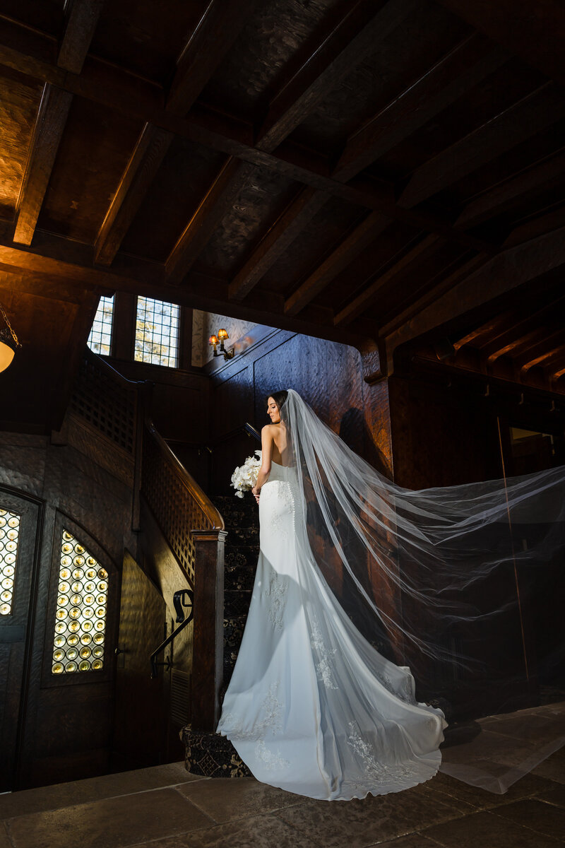 Cathedral veil beautifully flows at the bride is posing on a grand wooden staircase at Parc Chateau