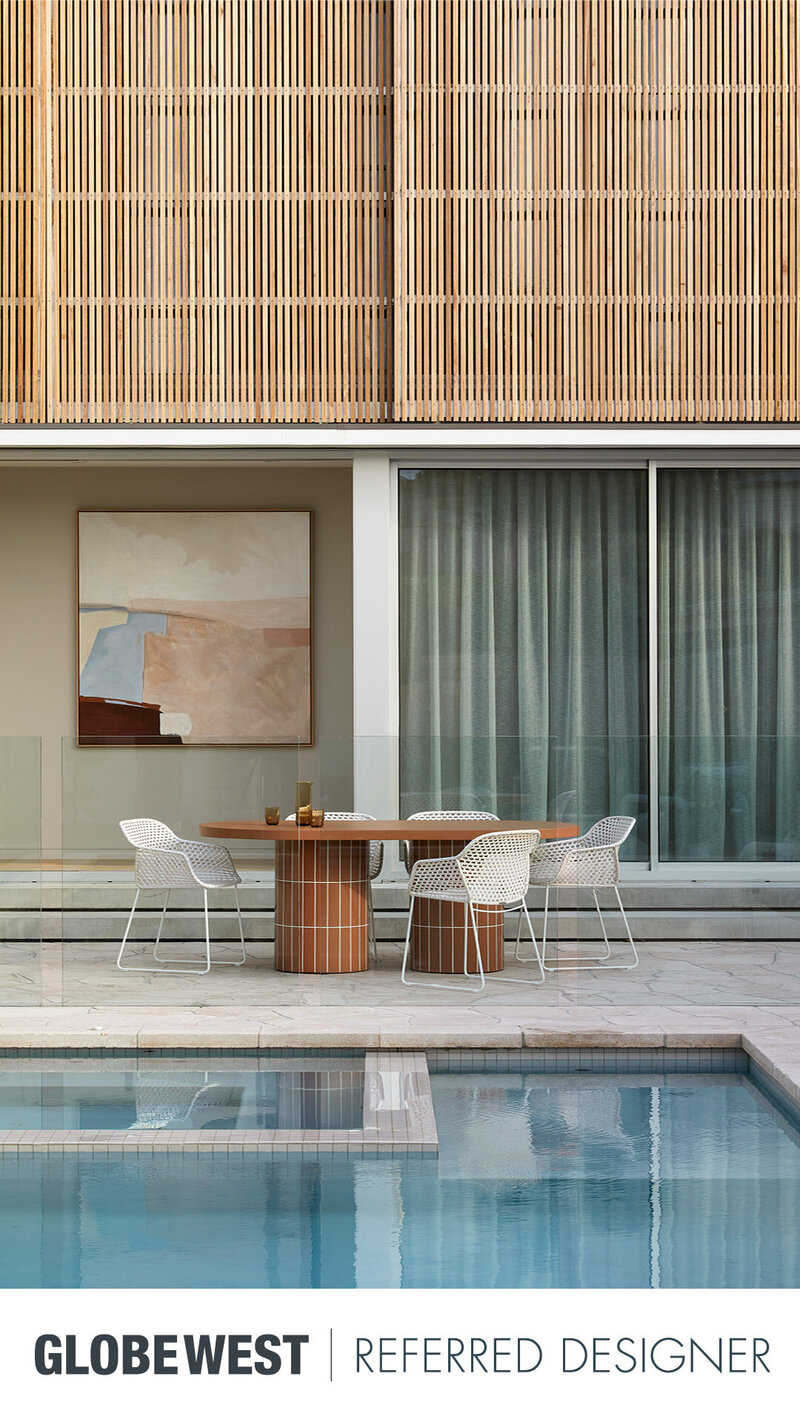 Melbourne interior styling project featuring poolside outdoor living with modern furniture.