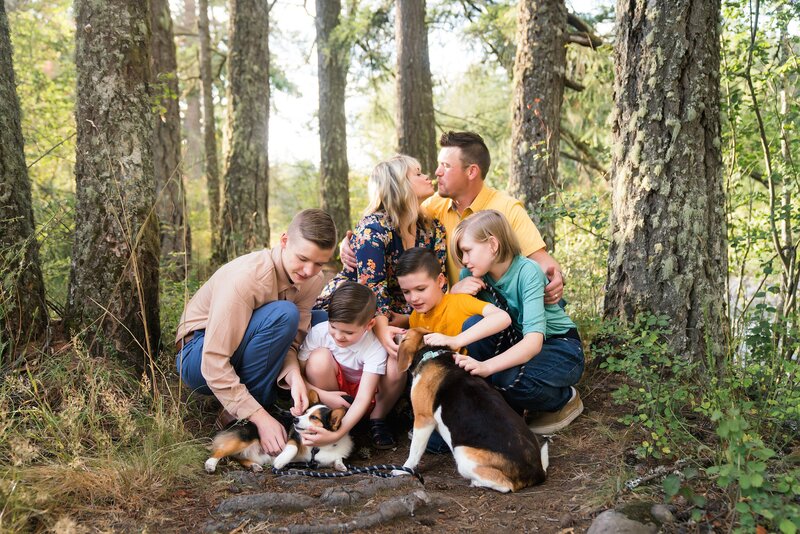 Big family portrait with four boys and two dogs during North Bend Photoshoot