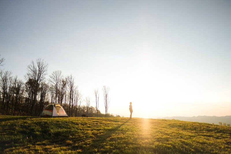 landscape photo of person standing outside of tent with a dog overlooking the mountains