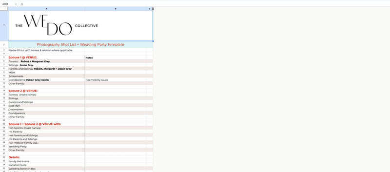 Screenshot of The We Do Collective's Photography Shot ListWedding Spreadsheet Template