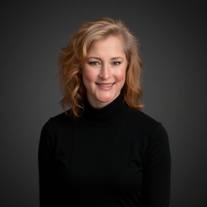 Beth Sheridan is a Galveston Wedding Photographer wearing a black top and is shown on a grey background.