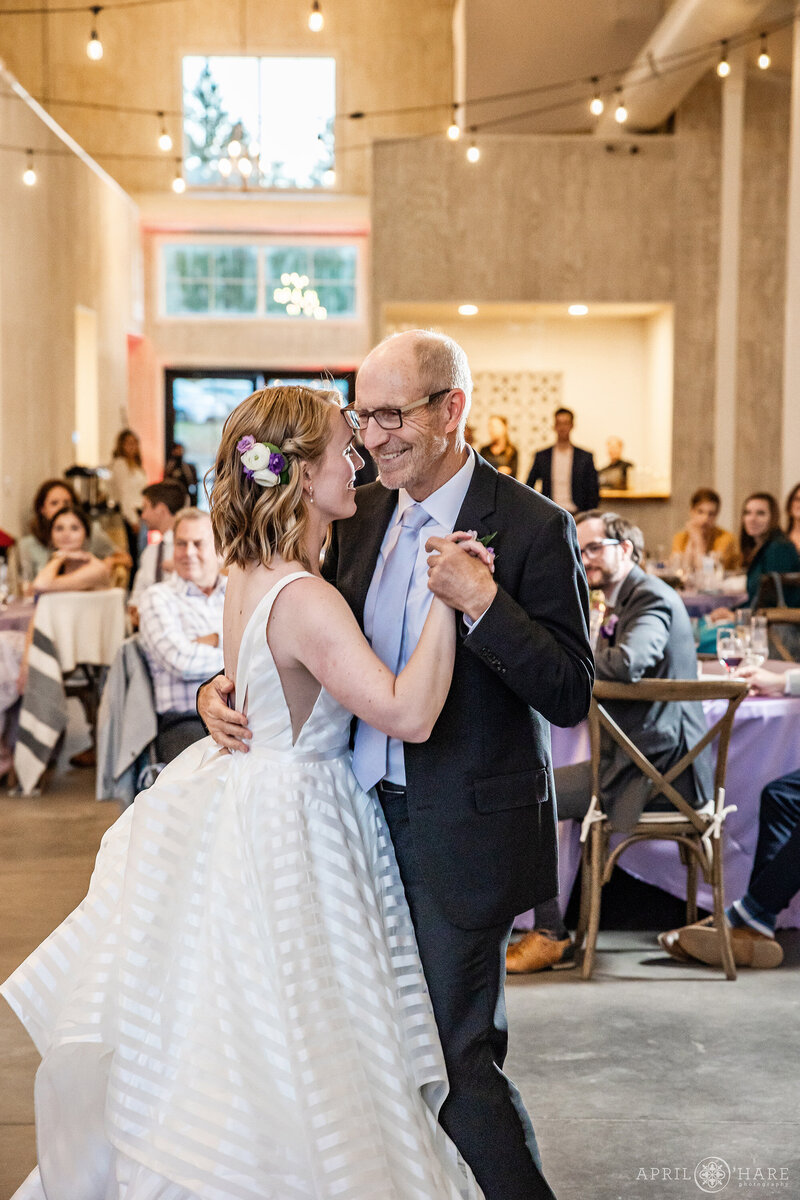 Father Daughter Dance at Wedding Reception at The Woodlands Barn in Colorado