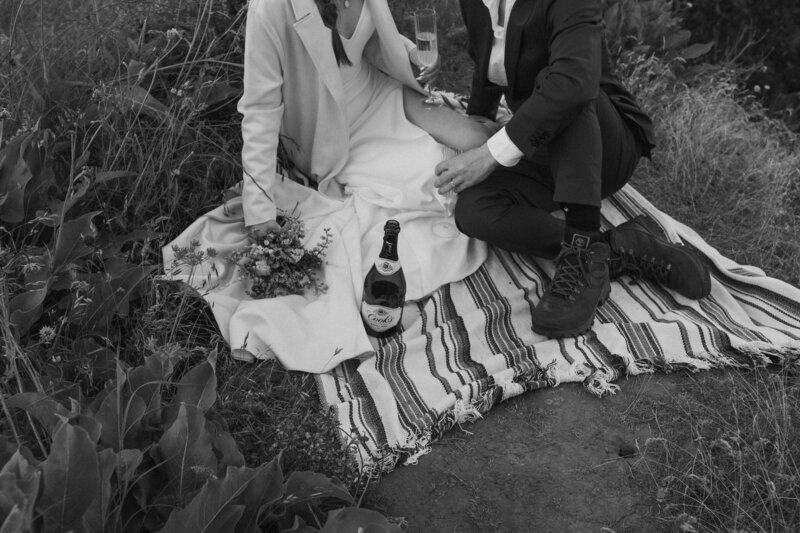 Bride and groom on a picnic blanket