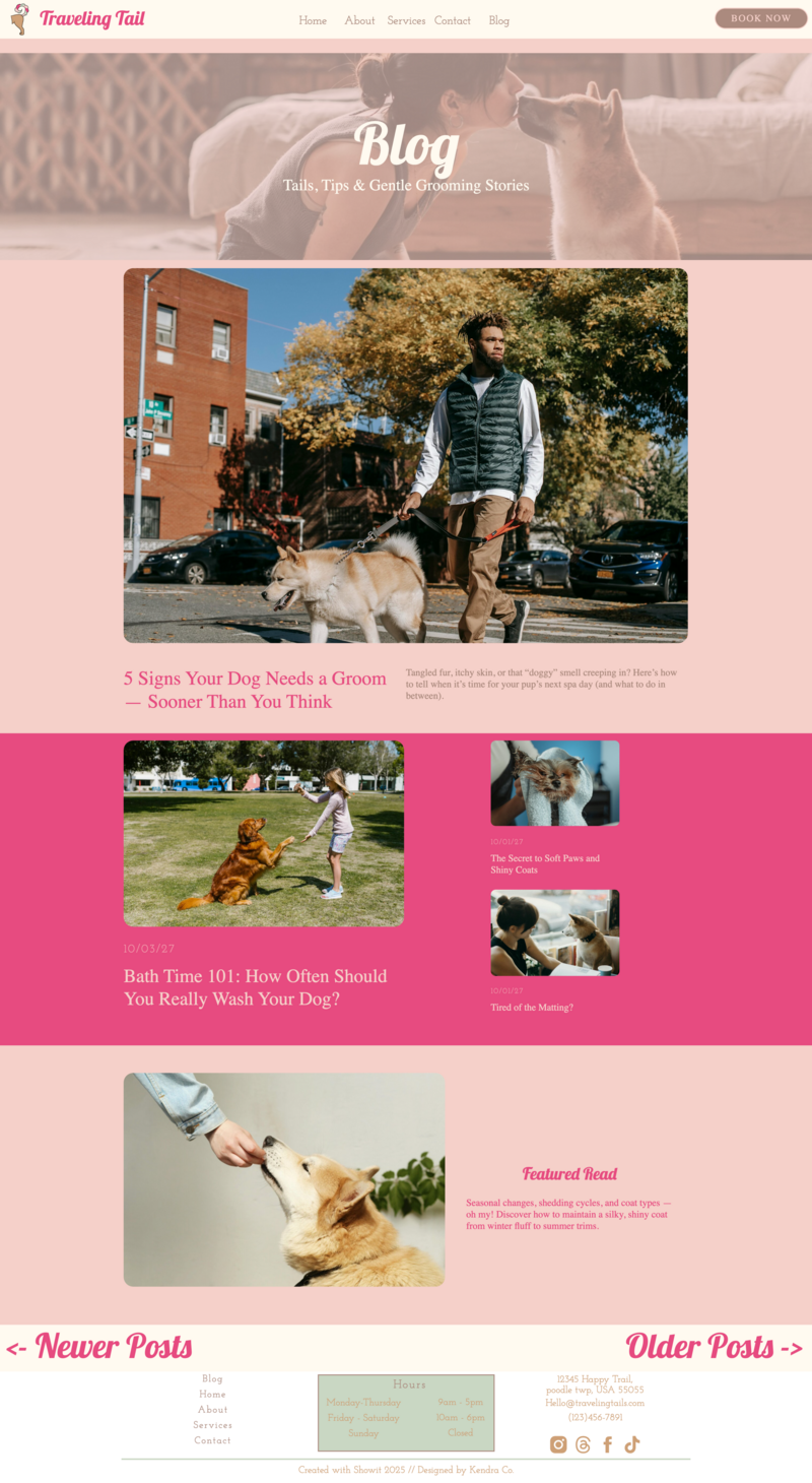 Blog layout from The Traveling Tail Spa Showit template with featured posts about dog grooming tips, bath routines, and pet care advice in pink and cream tones.