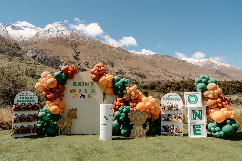 Photo backdrop featuring interactive displays, 3D signage with a cute jungle theme for an outdoor party in glenorchy, Queenstown